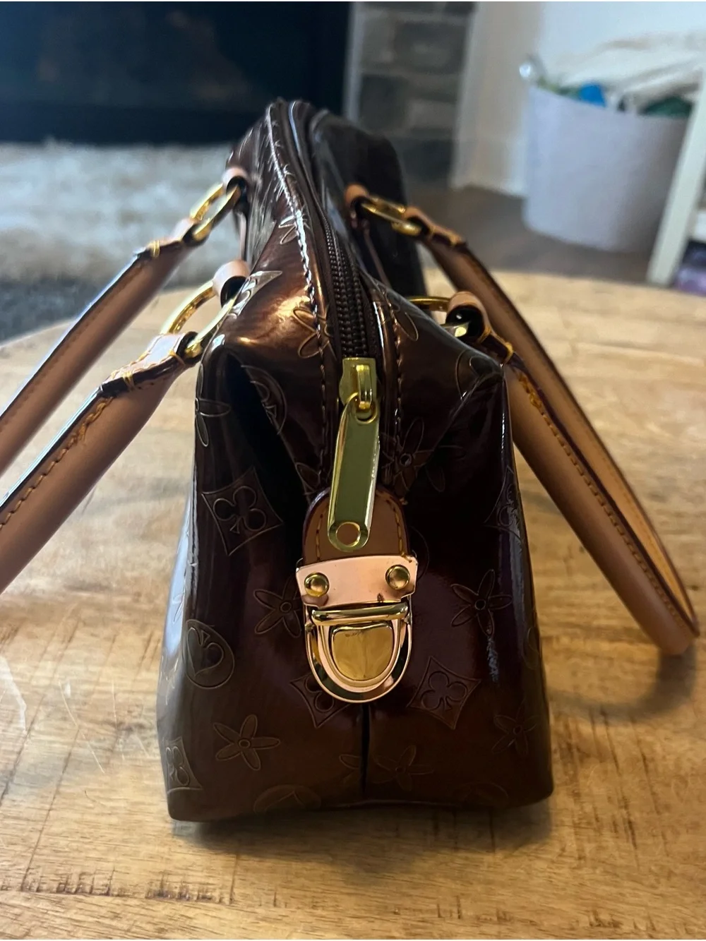 Lany Glossy Brown & gold Patent Satchel  purse with handles monogram style 12x4”